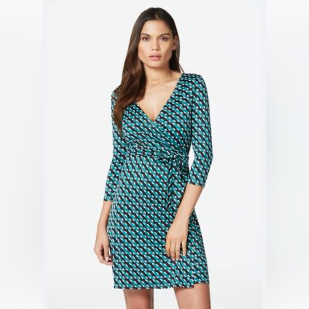 JustFab Turquoise and Black Geometric wrap Dress